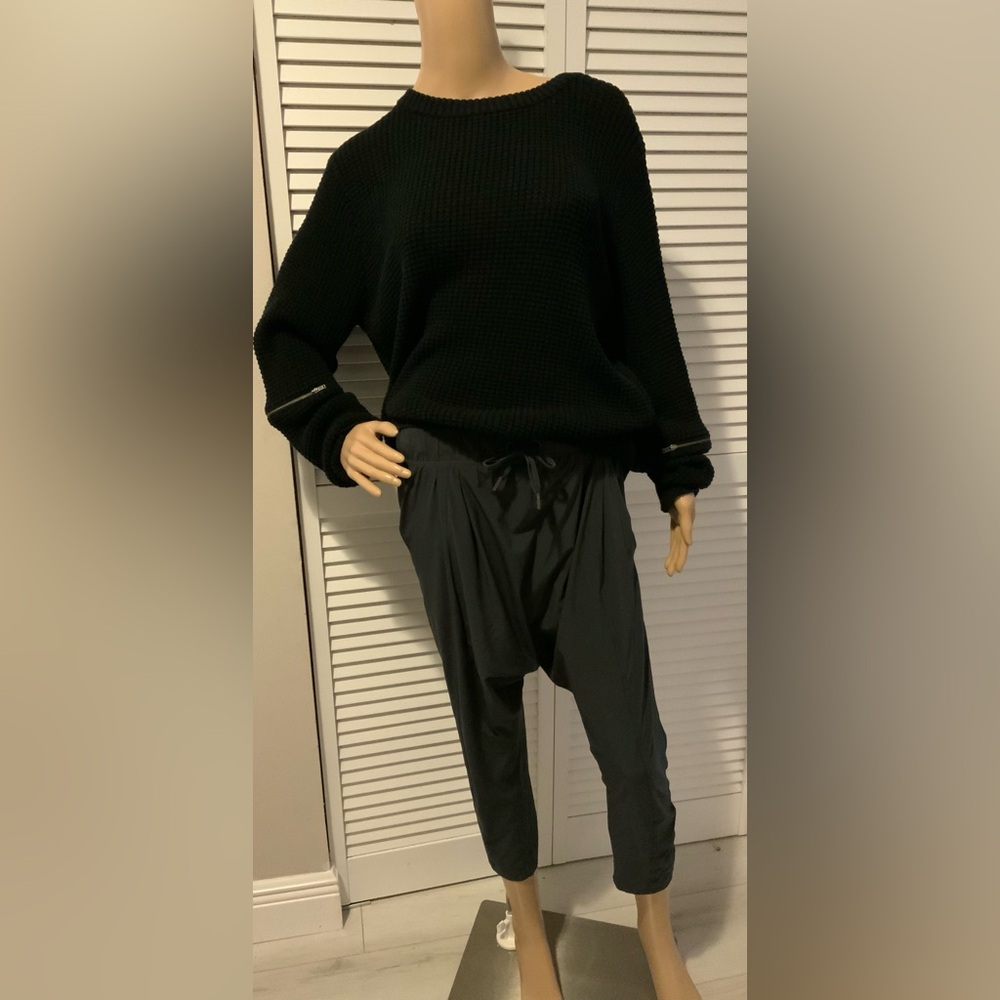 Free Press Black 100% Cotton Textured Knit Sweater w/ Zipper Sleeve Details